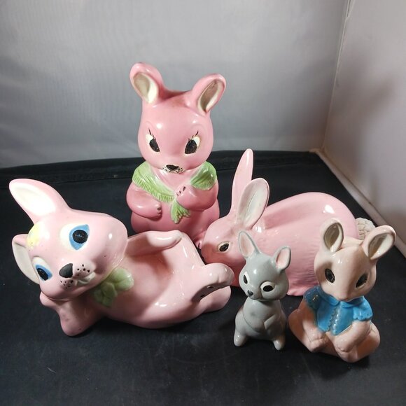 Vintage 5pcs Ceramic Bunny Rabbit Figurines Pink Glazed Shelf Decor - Picture 13 of 13
